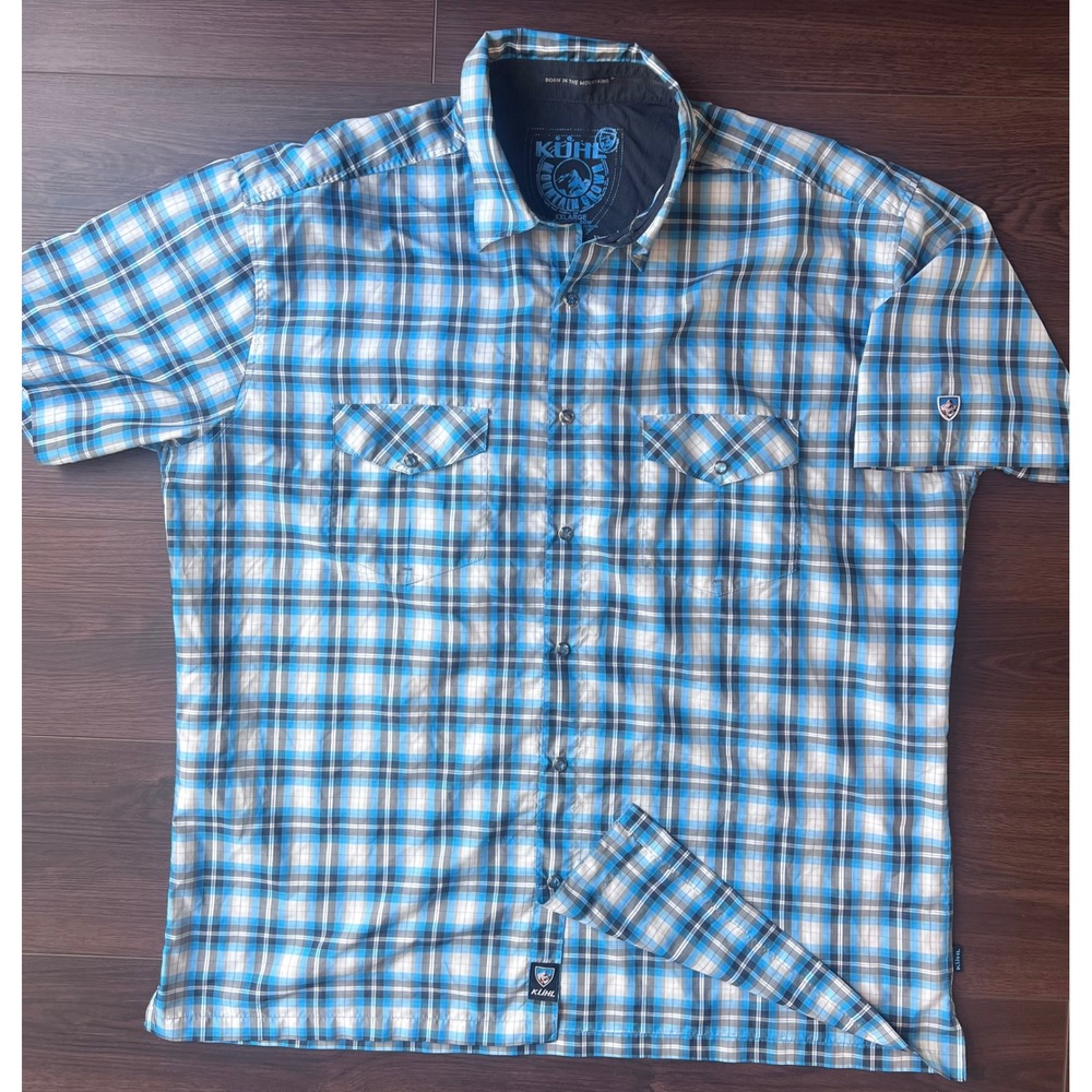 Kuhl Mens XXL Blue Plaid Short Sleeve Button Up Hiking Shirt Ionik Polyester